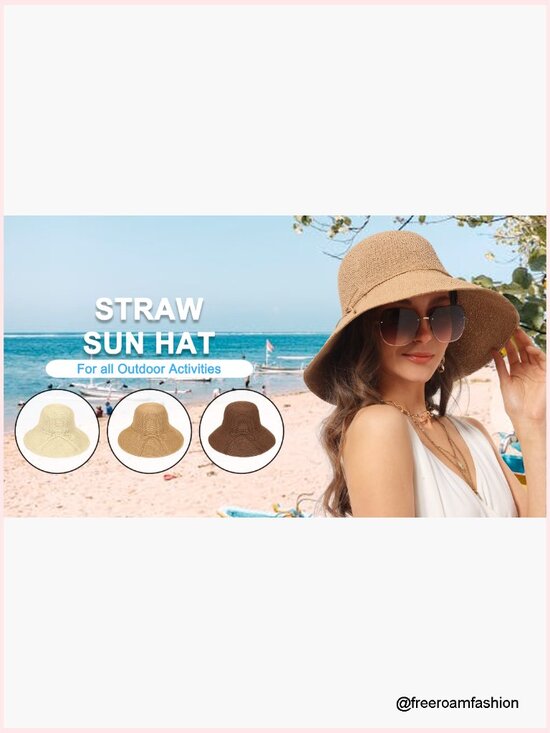 Straw Bucket Sun Hat Wide Brim Packable UV Protection UPF 50+ Travel Beach